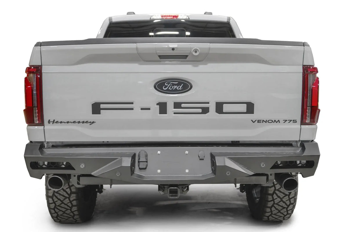 Fab Fours Vengeance rear bumper on a white Ford F-150, straight-on rear view, showing the center plate recess, light cutouts and exhaust openings
