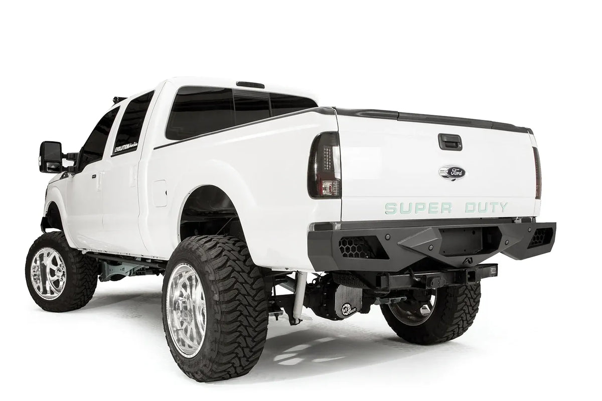 Fab Fours Vengeance rear bumper on a Ford Super Duty, rear driver side view