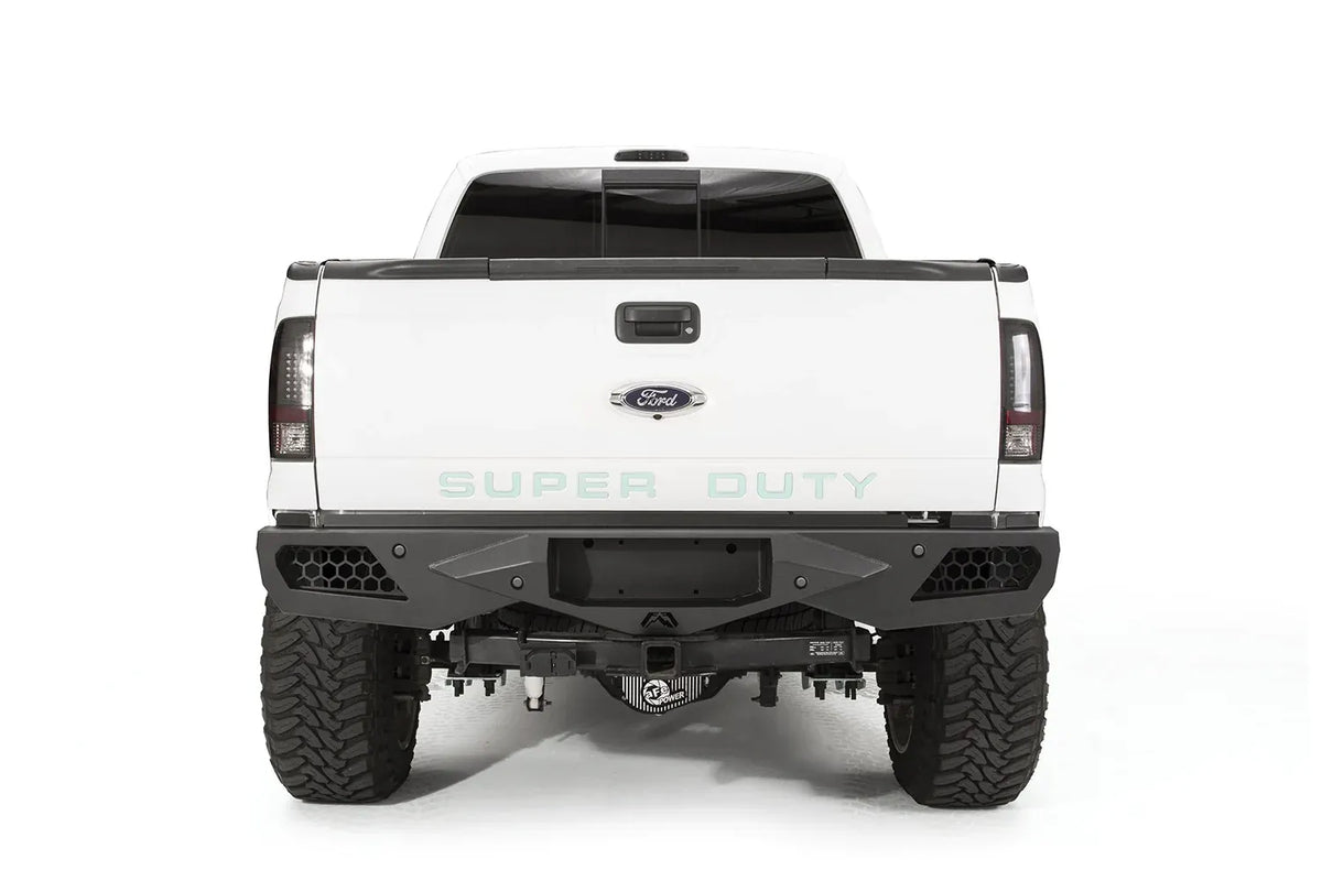 Fab Fours Vengeance rear bumper on a Ford Super Duty, rear view