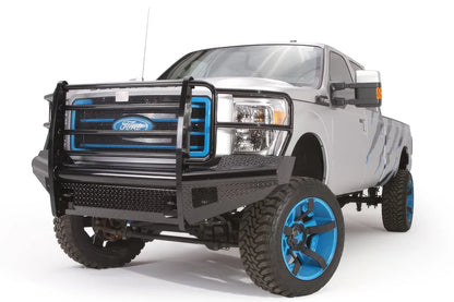 Fab Fours Black Steel front ranch bumper with full guard on a silver Ford Super Duty, front driver-side three-quarter view, showing the full grille guard, diamond-plate face and headlight hoops