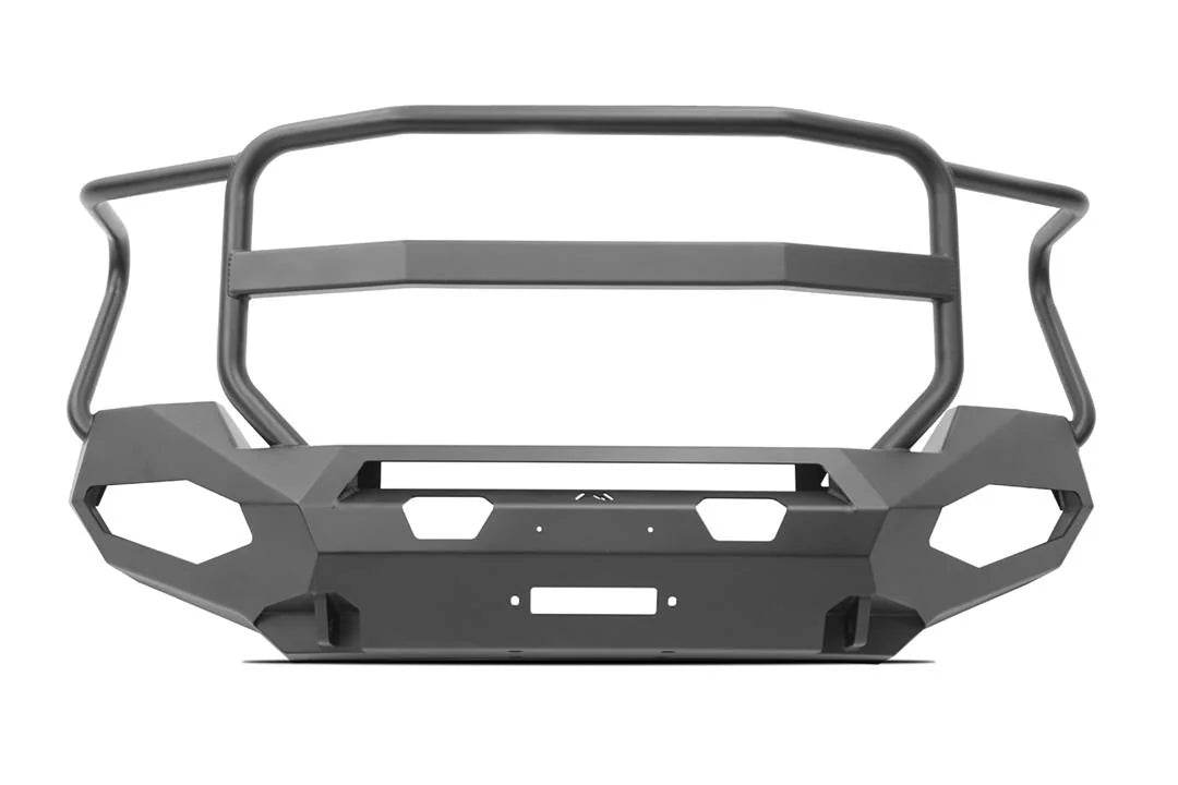 Fab Fours Matrix front winch bumper with full guard in black powder coat, front view, showing the full tubular grille guard, winch fairlead opening and pod light cutouts