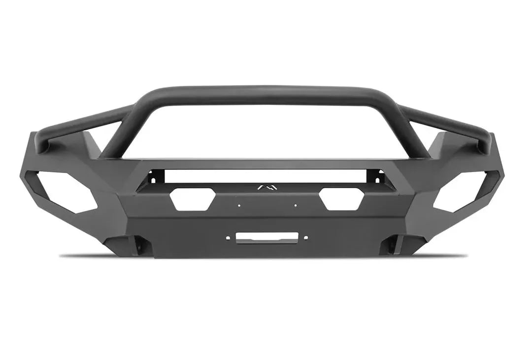 Fab Fours Matrix front winch bumper with pre-runner guard in black powder coat, front view, showing the tubular pre-runner hoop, winch fairlead opening and pod light cutouts