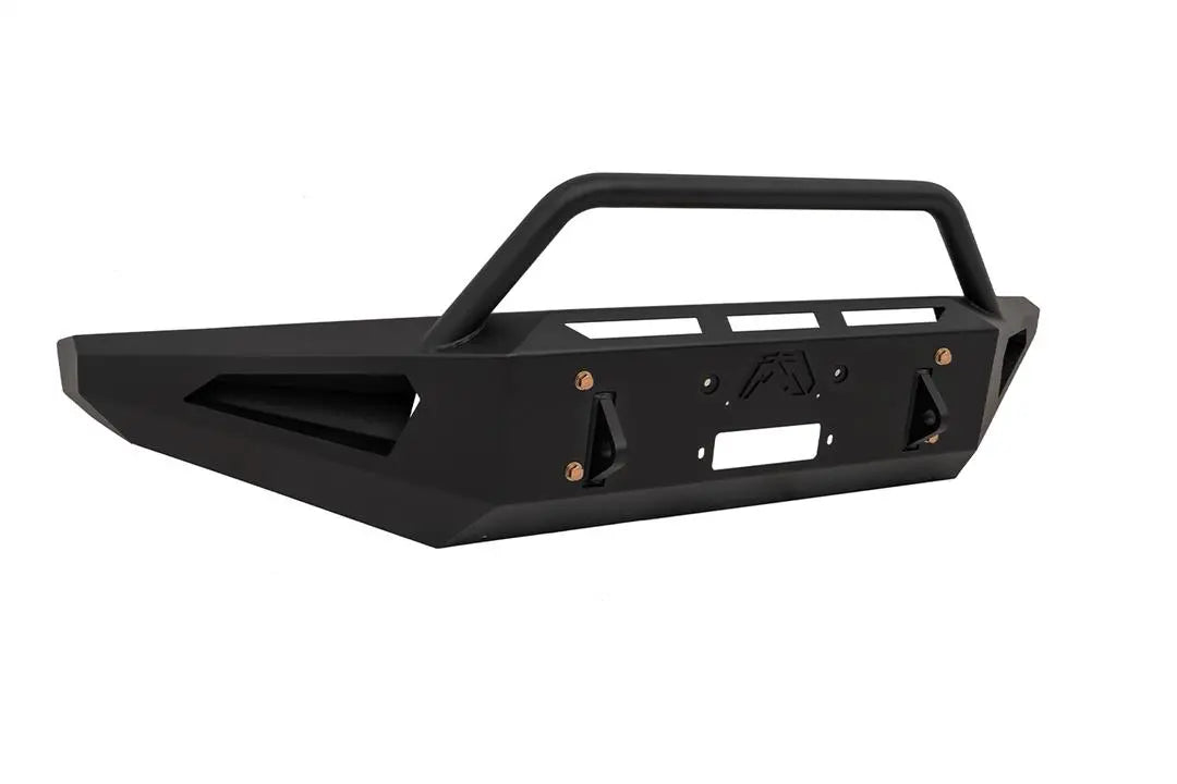 Fab Fours Red Steel front bumper with pre-runner guard for Ford Super Duty in black powder coat, angled view, showing the tubular pre-runner hoop, the center winch mount plate, and angular side cutouts