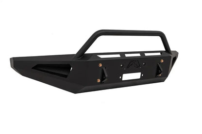Fab Fours Red Steel front bumper with pre-runner guard for Ford Super Duty in black powder coat, angled view, showing the tubular pre-runner hoop, the center winch mount plate, and angular side cutouts
