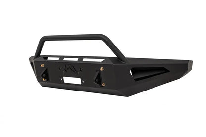 Fab Fours Red Steel front bumper with pre-runner guard for Ford Super Duty in black powder coat, angled view, showing the tubular pre-runner hoop, the center winch mount plate, and angular side cutouts