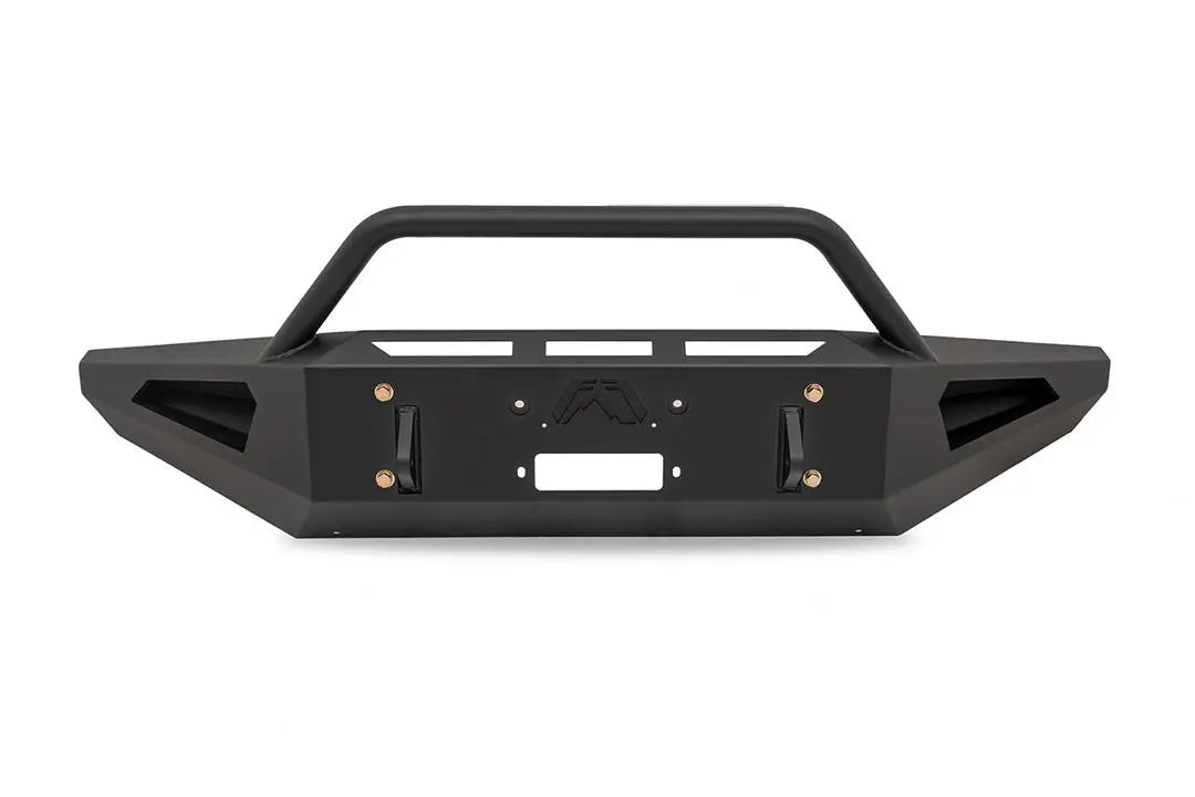 Fab Fours Red Steel front bumper with pre-runner guard for Ford Super Duty in black powder coat, straight-on front view, showing the tubular pre-runner hoop, the center winch mount plate, and angular side cutouts