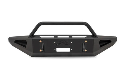 Fab Fours Red Steel front bumper with pre-runner guard for Ford Super Duty in black powder coat, straight-on front view, showing the tubular pre-runner hoop, the center winch mount plate, and angular side cutouts
