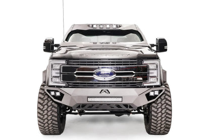 Fab Fours Open Fender front bumper on a gray Ford Super Duty, straight-on front view, showing the center LED light bar, cube light pods, and the open-fender wing design