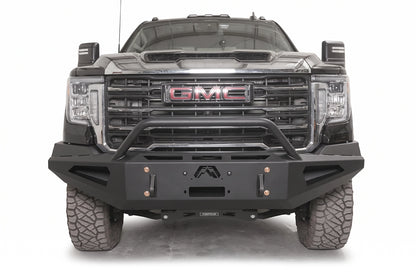 Fab Fours Red Steel front bumper with pre-runner guard on a black GMC Sierra HD