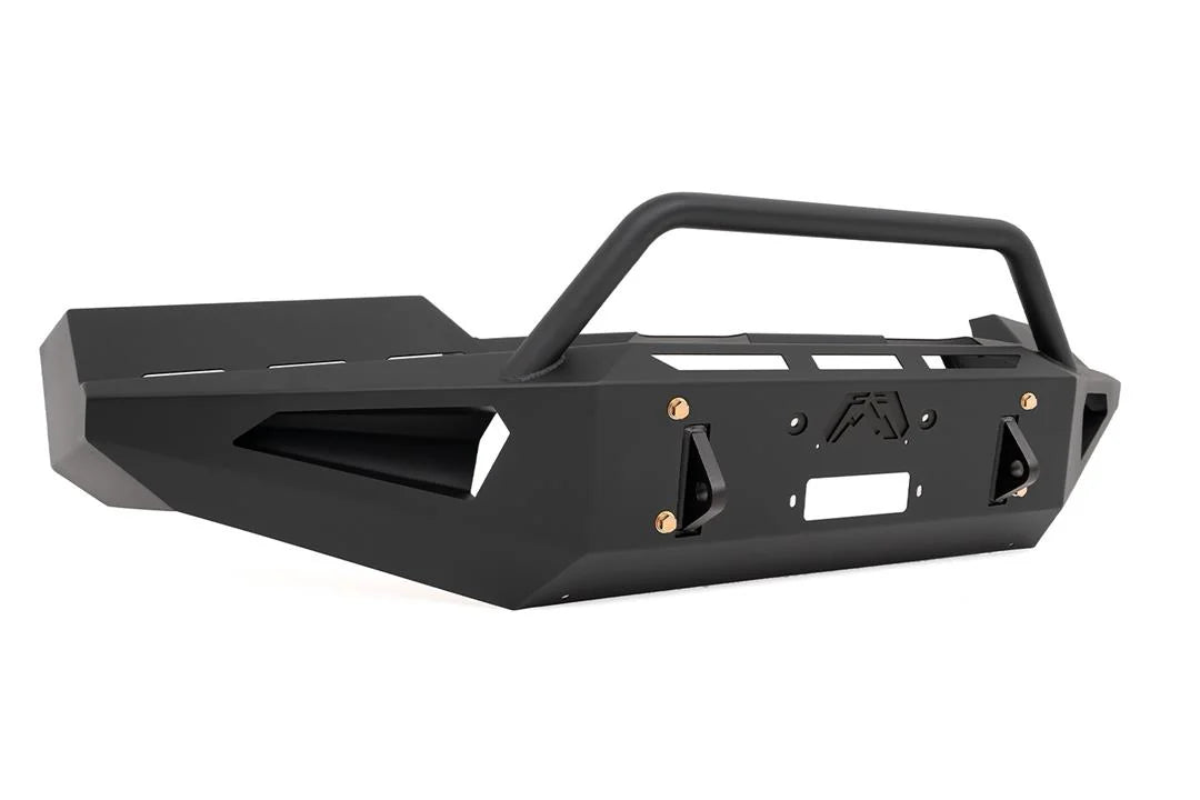 Fab Fours Red Steel front bumper with pre-runner guard in black powder coat, opposite angled part-only view, showing the pre-runner hoop, faceted wing and light cutout