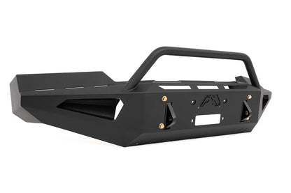 Fab Fours Red Steel front bumper with pre-runner guard in black powder coat, opposite angled part-only view, showing the pre-runner hoop, faceted wing and light cutout