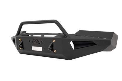 Fab Fours Red Steel front bumper with pre-runner guard in black powder coat, angled part-only view, showing the pre-runner hoop, winch mounting plate and shackle tabs