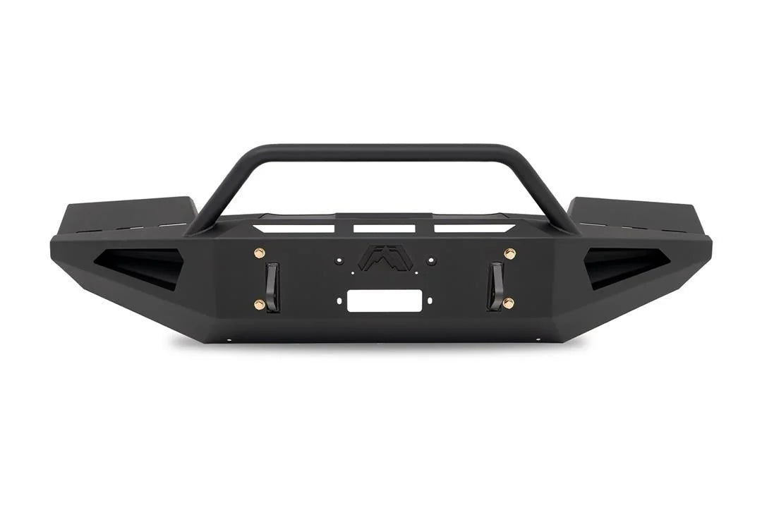 Fab Fours Red Steel front bumper with pre-runner guard in black powder coat, straight-on front part-only view, showing the pre-runner hoop, center winch plate and twin shackle tabs