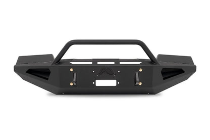 Fab Fours Red Steel front bumper with pre-runner guard in black powder coat, straight-on front part-only view, showing the pre-runner hoop, center winch plate and twin shackle tabs