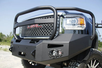 Fab Fours Premium Heavy Duty winch front bumper on a GMC Sierra 2500HD–3500HD, close-up view