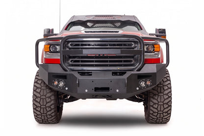 Fab Fours Premium winch front bumper with full grille guard on a red GMC Sierra HD