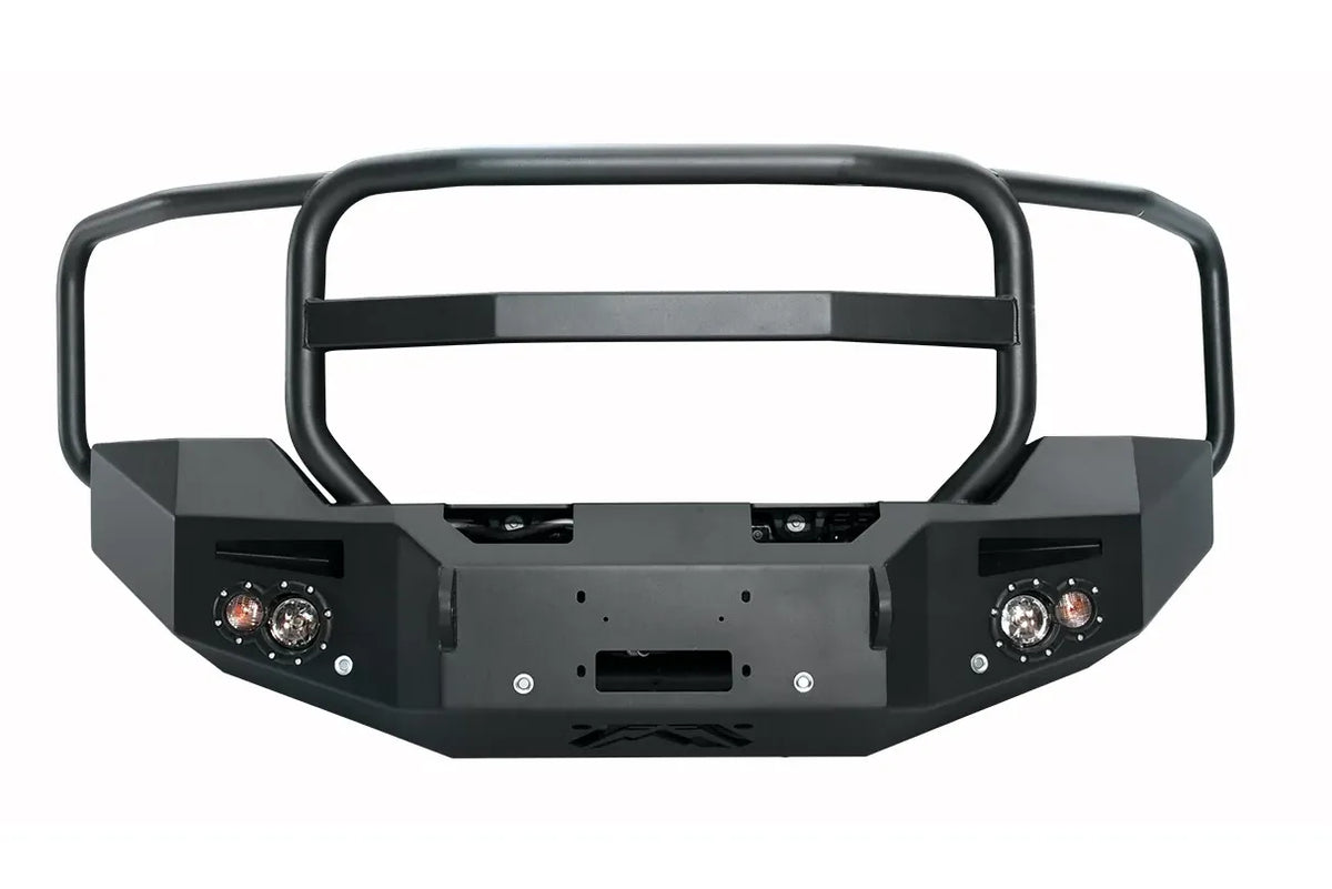 Fab Fours Premium Winch Front Bumper for GMC Sierra 2500HD/3500HD in matte black, front view showing the full tubular grille guard on a white background