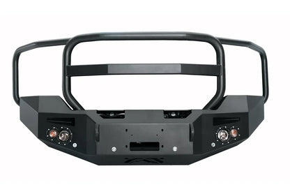 Fab Fours Premium Winch Front Bumper for GMC Sierra 2500HD/3500HD in matte black, front view showing the full tubular grille guard on a white background