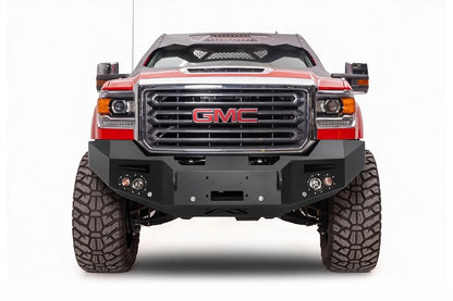 Fab Fours Premium winch front bumper on a red GMC Sierra HD