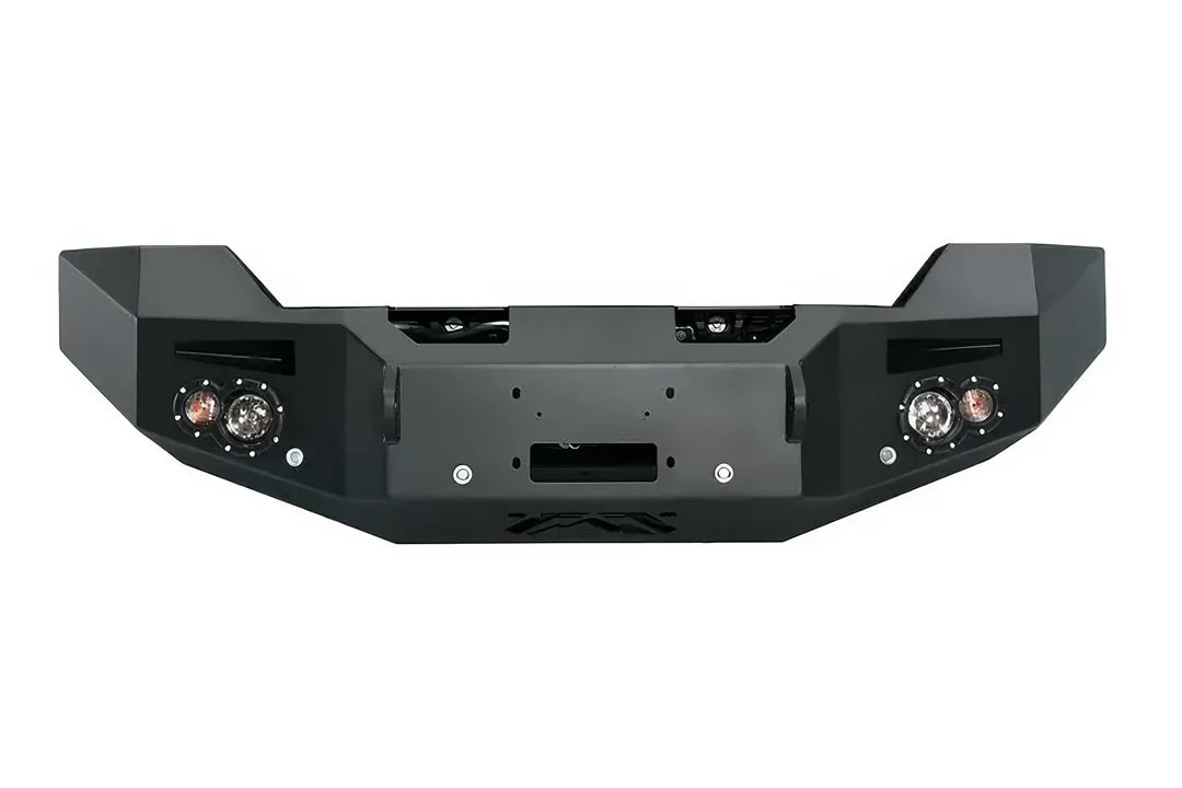 Fab Fours Premium Winch Front Bumper for GMC Sierra 2500HD/3500HD in matte black, no-guard style, front view on a white background