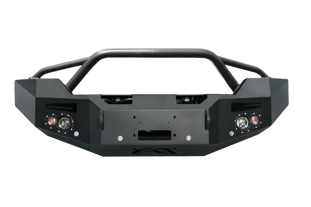 Fab Fours Premium Winch Front Bumper with pre-runner guard for GMC Sierra 2500HD/3500HD in matte black, front view showing the tubular pre-runner on a white background