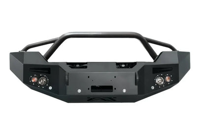 Fab Fours Premium Winch Front Bumper with pre-runner guard for GMC Sierra 2500HD/3500HD in matte black, front view showing the tubular pre-runner on a white background