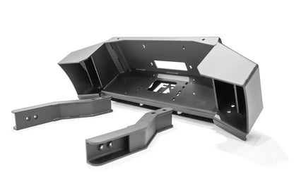 Fab Fours winch mount in black powder coat, rear view from above, showing winch tray, frame mounting brackets, mounting holes