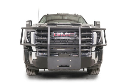 Fab Fours winch mount with full guard on a black GMC Sierra 2500HD/3500HD, straight-on front view, showing full guard uprights, wraparound headlight hoops, winch plate