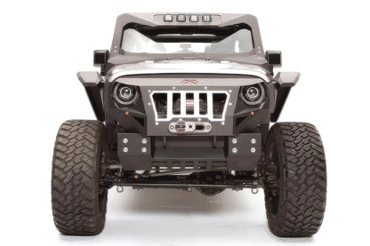 Fab Fours Grumper crash bar on a lifted gray Jeep Wrangler JK, front view, with slotted grille, round headlights, and center winch fairlead