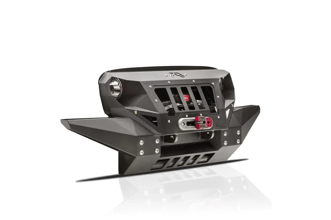 Fab Fours Grumper front bumper in Full Width configuration in black powder coat, opposite angled front view, showing grille-integrated design, winch housing, full-width wings