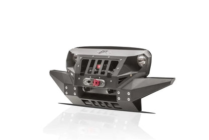 Fab Fours Grumper front bumper in Full Width configuration in black powder coat, angled front view, showing grille-integrated design, winch housing, full-width wings