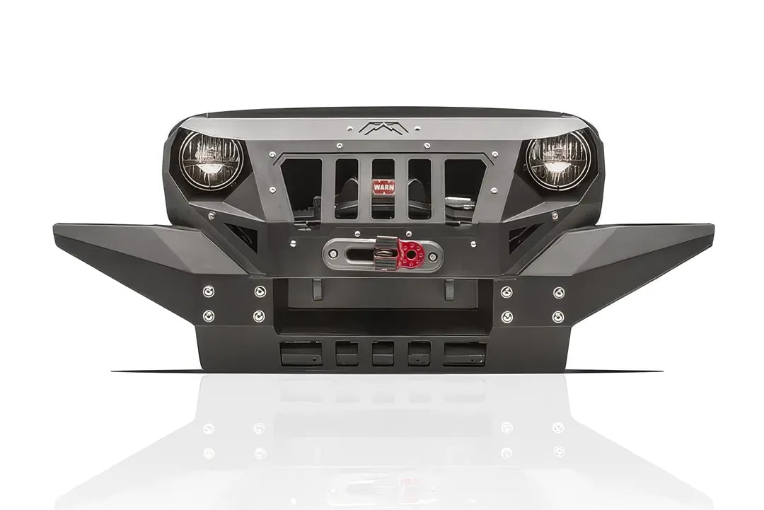 Fab Fours Grumper front bumper in Full Width configuration in black powder coat, straight-on front view, showing grille-integrated design, winch and fairlead, round headlight openings