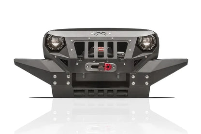 Fab Fours Grumper front bumper in Full Width configuration in black powder coat, straight-on front view, showing grille-integrated design, winch and fairlead, round headlight openings