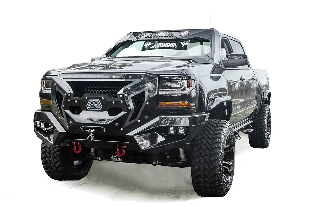 Fab Fours Grumper front winch bumper with full guard on a lifted black 2016–2018 Chevrolet Silverado 1500