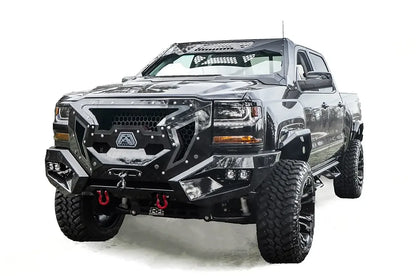 Fab Fours Grumper front winch bumper with full guard on a lifted black 2016–2018 Chevrolet Silverado 1500