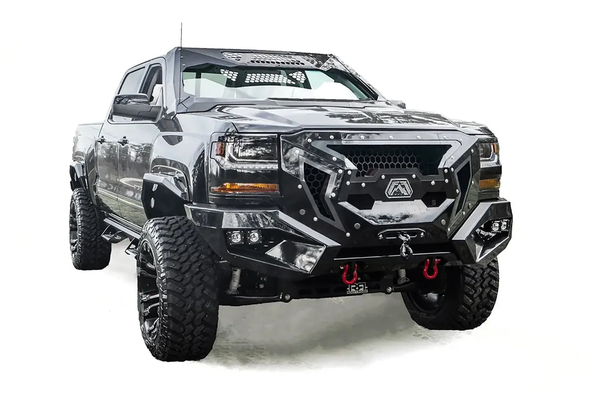 Fab Fours Grumper front winch bumper with full guard on a lifted black 2016–2018 Chevrolet Silverado 1500