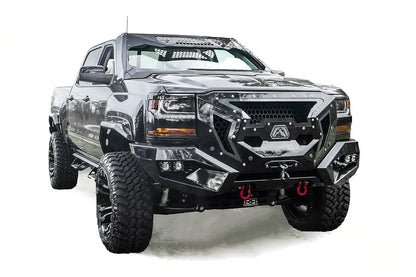 Fab Fours Grumper front winch bumper with full guard on a lifted black 2016–2018 Chevrolet Silverado 1500