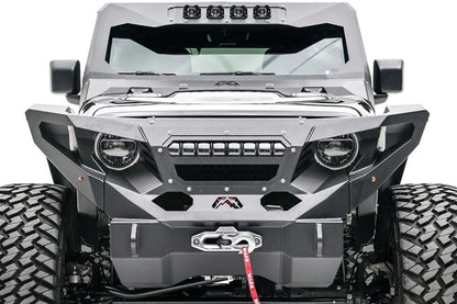 Fab Fours light bar mount holding an LED light bar in the center of a Fab Fours Grumper on a Jeep Wrangler JL, front view
