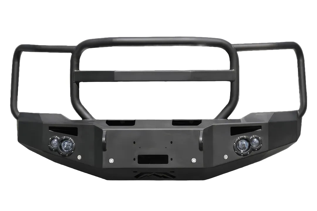 Fab Fours Premium Heavy Duty Winch front bumper with full guard in black powder coat, straight-on front view, showing full grille guard, winch plate, round fog light pods