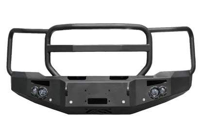Fab Fours Premium Heavy Duty Winch front bumper with full guard in black powder coat, straight-on front view, showing full grille guard, winch plate, round fog light pods