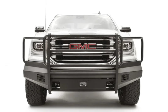 Fab Fours Black Steel Elite front bumper with full guard on a white GMC Sierra 1500, straight-on front view, showing the full grille guard with headlight hoops, smooth plate bumper face and mesh vent openings