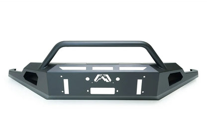 Fab Fours Red Steel front bumper for 2019+ GMC Sierra 1500 in matte black, angled view showing the tubular pre-runner guard, winch fairlead opening, light cutouts and Fab Fours logo on a white background