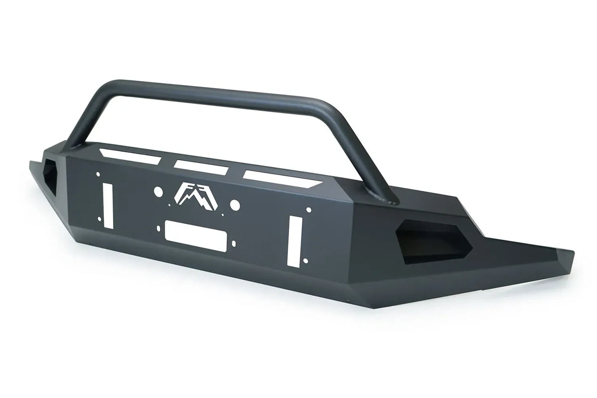 Fab Fours Red Steel front bumper for 2019+ GMC Sierra 1500 in matte black, front view showing the pre-runner guard, center winch mount, light slots and Fab Fours logo cutout on a white background