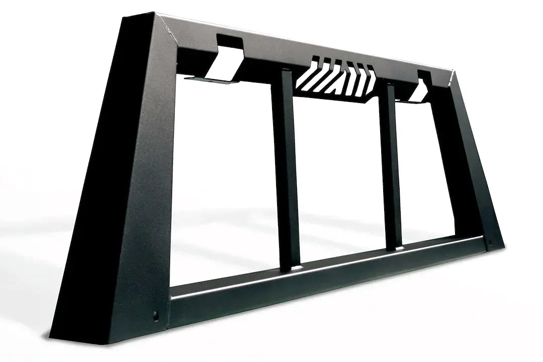 Fab Fours headache rack in black powder coat, angle view, showing the tapered side posts, vertical window bars and slotted top rail vents
