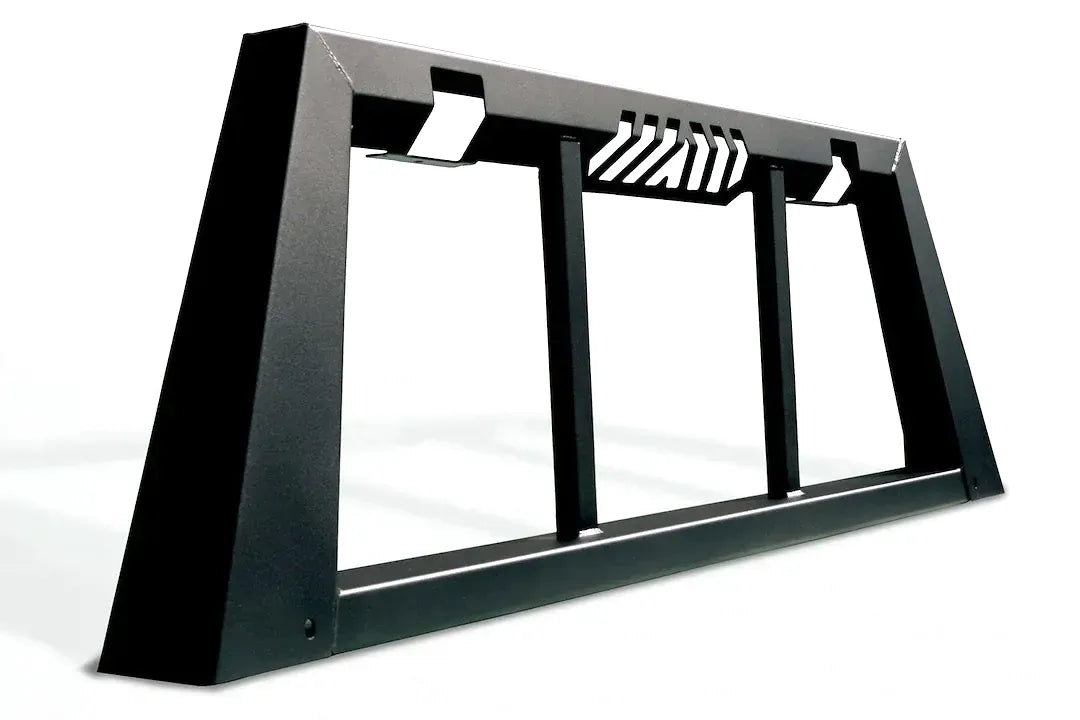 Black Fab Fours headache rack for Toyota Tundra with angled side posts, two vertical bars, and Fab Fours logo cutout, angled view on a white background