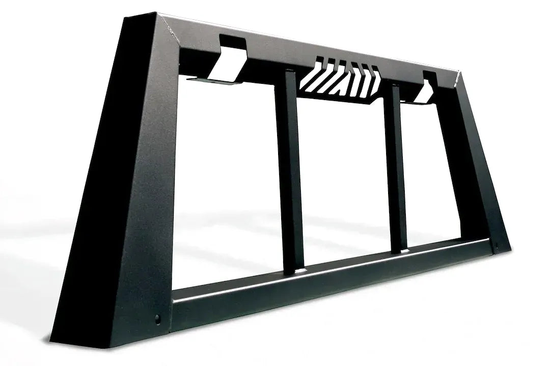 Fab Fours headache rack in black powder coat, angle view, showing the tapered side posts, vertical window bars and slotted top rail vents