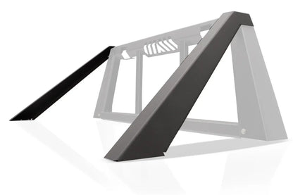 Render of black Fab Fours headache rack modifier braces for full-size trucks, shown angled in front of a ghosted headache rack on a white background