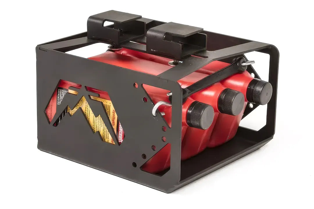 Fab Fours under-seat fluid container for Jeep Wrangler JK, angled view showing the steel cage with logo cutout, top mounting brackets and three red jugs secured by a rubber strap