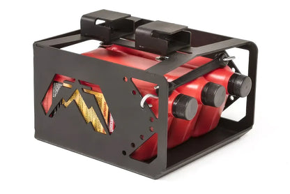 Fab Fours under-seat fluid container for Jeep Wrangler JK, angled view showing the steel cage with logo cutout, top mounting brackets and three red jugs secured by a rubber strap