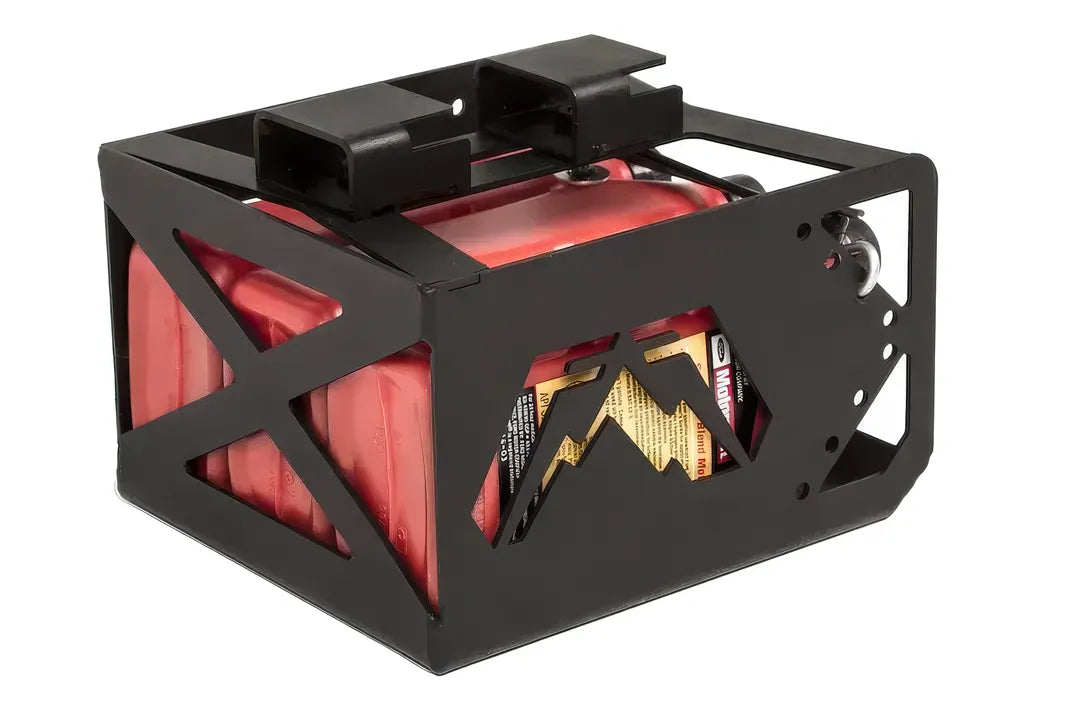 Fab Fours under-seat fluid container for Jeep Wrangler JK, matte black steel cage with Fab Fours logo cutout and X-braced side, holding three red fluid jugs, on a white background